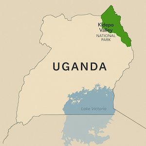 Map of Uganda showing Kidepo Valley National Park in the remote northeastern corner near the borders with South Sudan and Kenya.