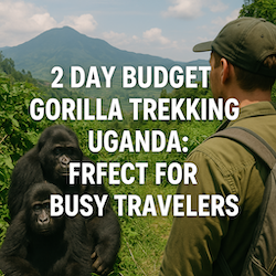 Tourist observing mountain gorillas during a 2-day budget trekking experience in Uganda’s lush rainforest
