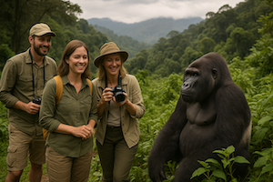 Mountain Gorilla with Tourists in Bwwindi National park