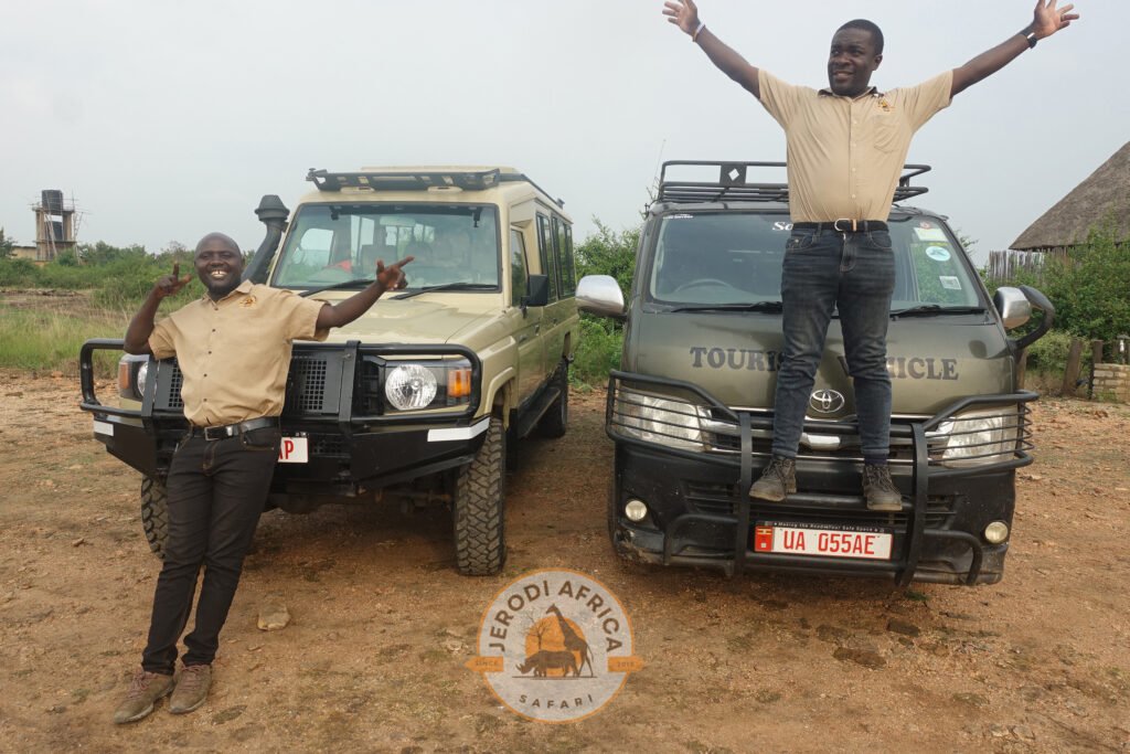 Jerodi Africa Safari professional field guides smiling while guiding tourists on a Uganda safari